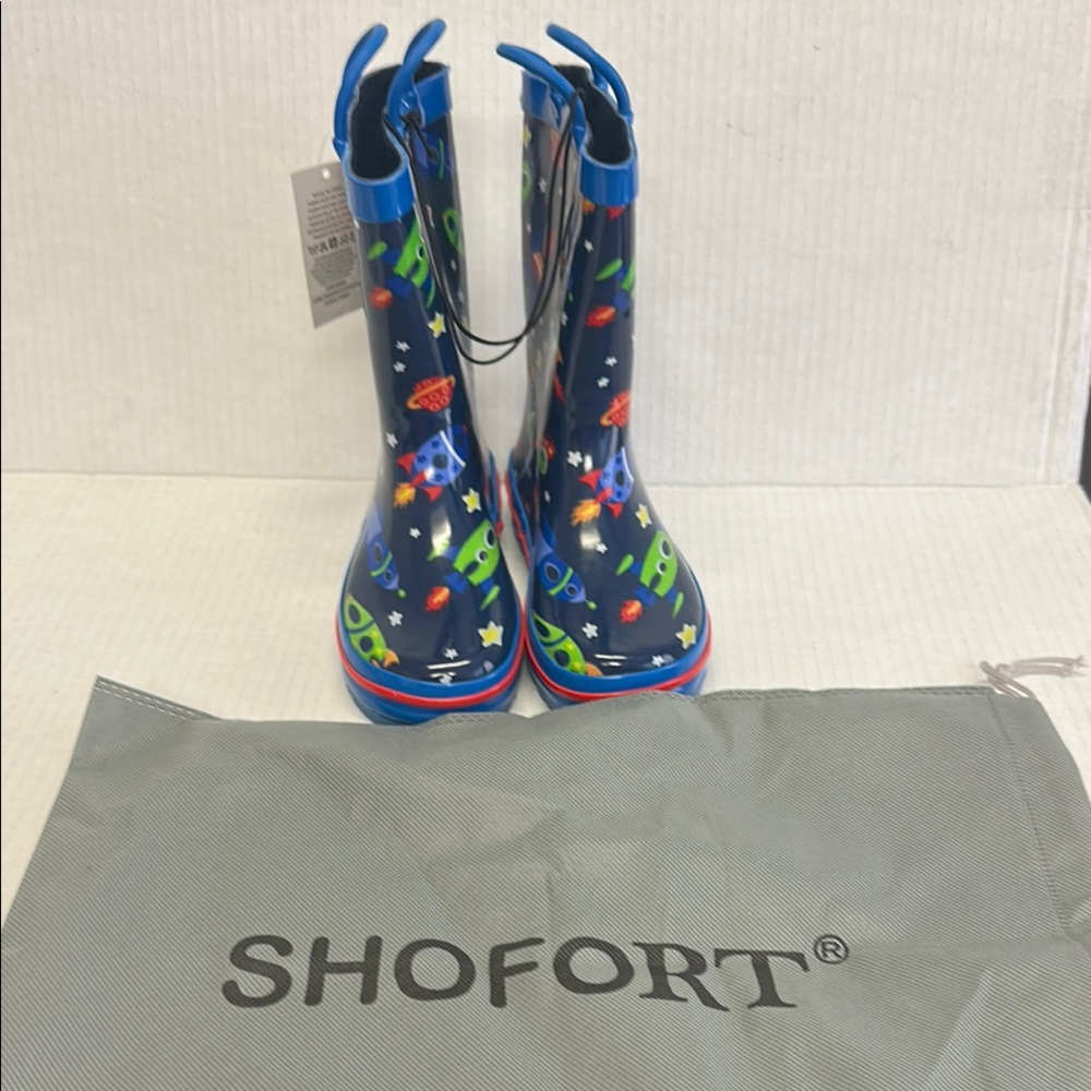 Kids Blue Space Rocket Rain Boots